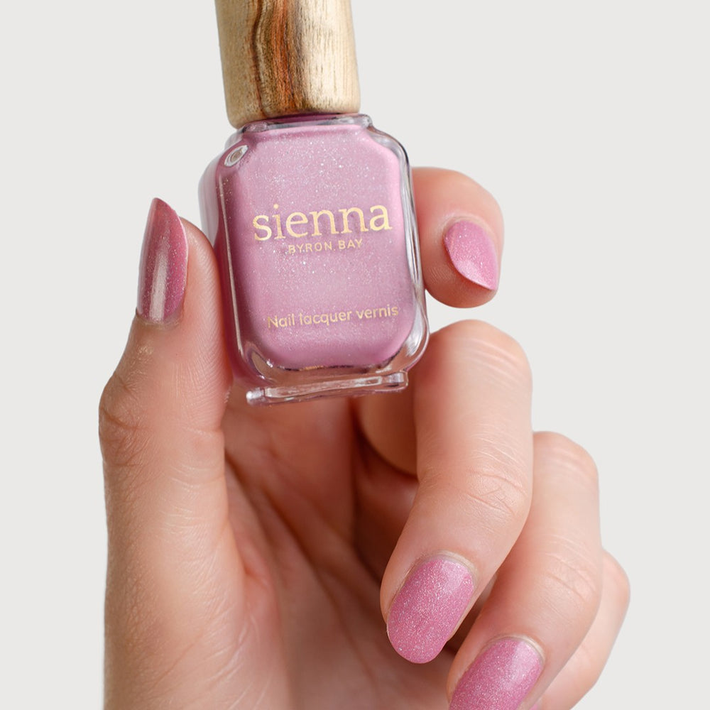 Sienna Byron Bay Resonance Nail Polish - midtone lilac creme with holographic shimmer in an eco-friendly bottle.