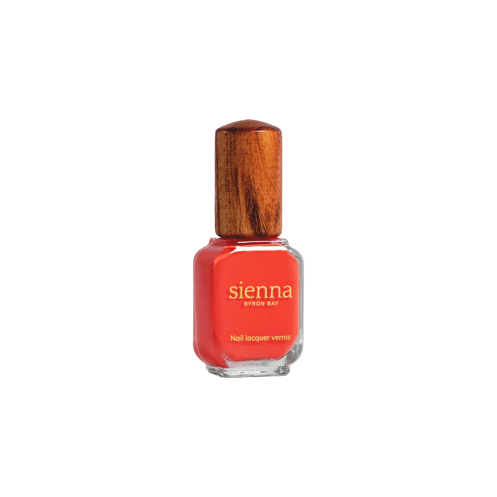 Sienna Byron Bay Romance Nail Polish in Strawberry Crème, a vibrant warm strawberry red shade, eco-friendly and cruelty-free.