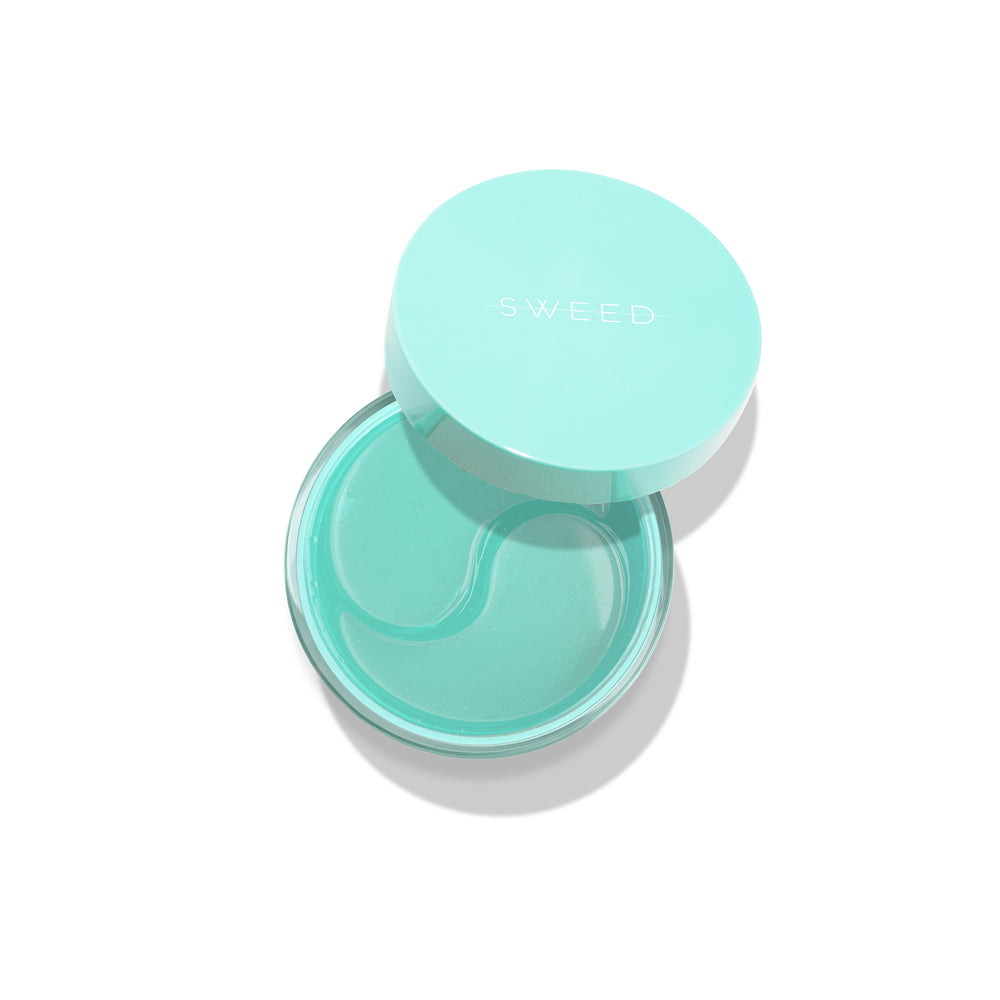 A jar of SWEED Peptide Ice Lift Firm Hydra Gel Eye Patches with cooling, transparent under-eye patches.