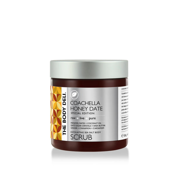 A jar of THE BODY DELI Coachella Honey Date Body Scrub on white background.