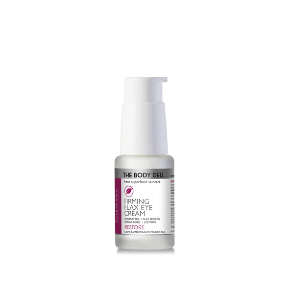 THE BODY DELI Firming Flax Eye Cream bottle with white pump on a white background.