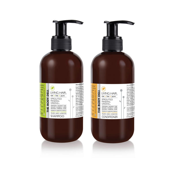 The Body Deli Living Hair Set –  shampoo and conditioner duo designed to restore volume, shine, and vitality using raw, living greens and clean ingredients. 12oz set