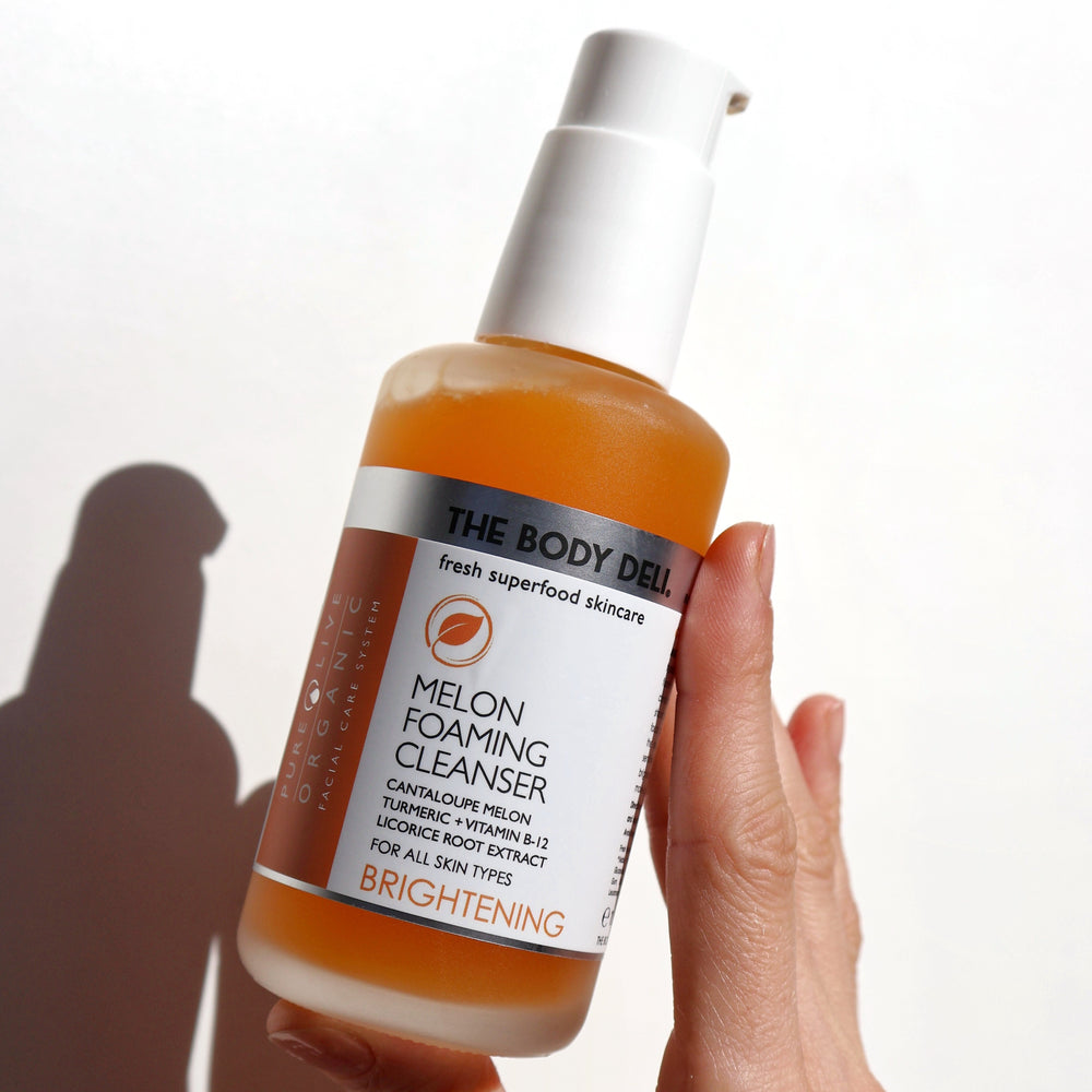 THE BODY DELI MELON Foaming Cleanser – brightening facial cleanser with cantaloupe melon, turmeric, and vitamins in a 4oz bottle for all skin types.