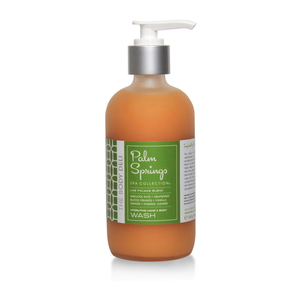 THE BODY DELI PALM SPRINGS Hand & Body Wash – glass pump bottle shown on a white background.