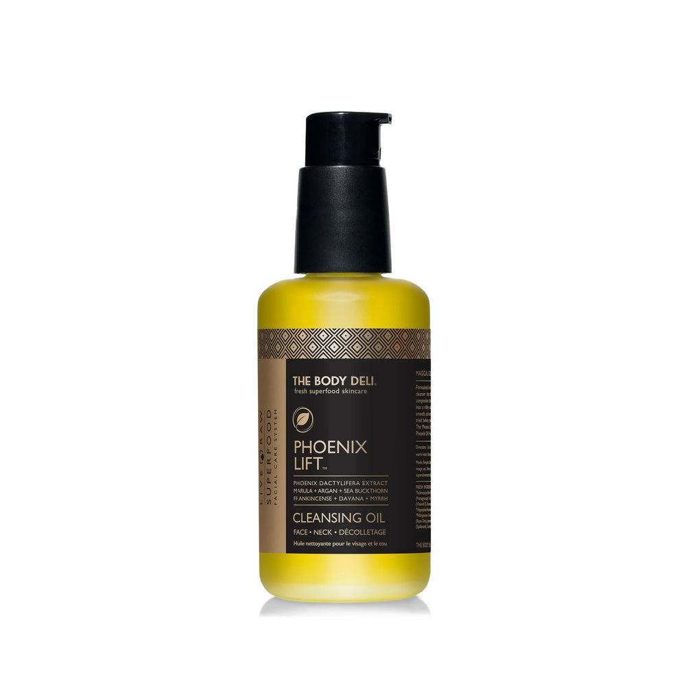 THE BODY DELI Phoenix Lift Cleansing Oil – nourishing oil-to-milk cleanser with date seed extract, marula, and argan oils in a 4oz bottle for all skin types.