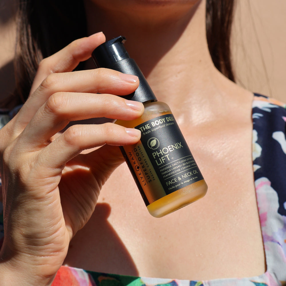 THE BODY DELI PHOENIX LIFT Face & Neck Oil – glass pump bottle presented on a white background. ALWAYS SHOW
