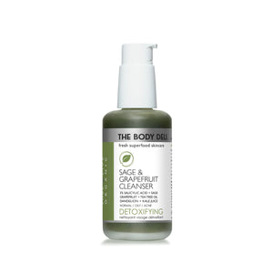 THE BODY DELI SAGE & GRAPEFRUIT Cleanser – detoxifying facial cleanser with green juice extracts, tea tree, and 2% salicylic acid in a 4oz bottle for oily and acne-prone skin.