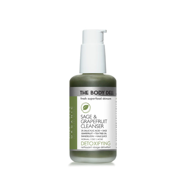 THE BODY DELI SAGE & GRAPEFRUIT Cleanser – detoxifying facial cleanser with green juice extracts, tea tree, and 2% salicylic acid in a 4oz bottle for oily and acne-prone skin.