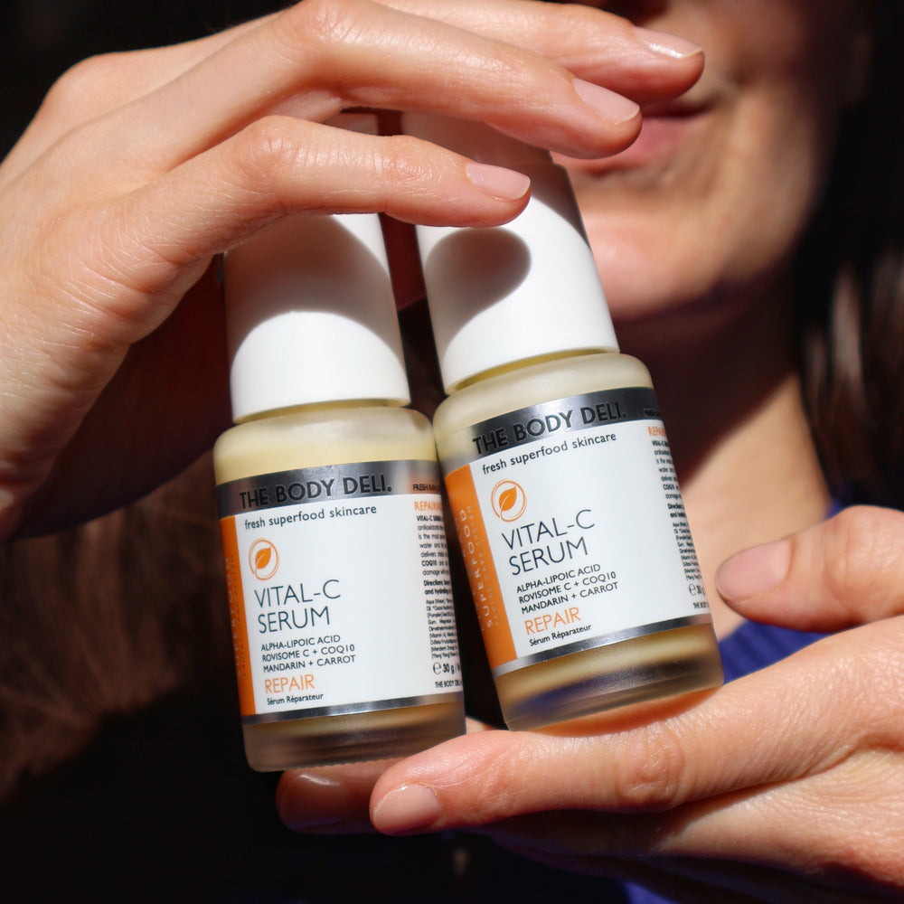 THE BODY DELI VITAL C Serum bottle featuring liposome encapsulated Vitamin C and antioxidant-rich superfoods for skin rejuvenation.