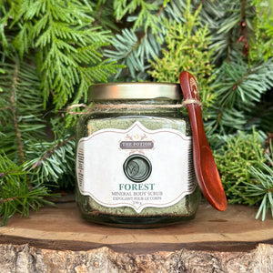 The Potion Cosmetics Forest Mineral Body Scrub with cedar branches and fir needles