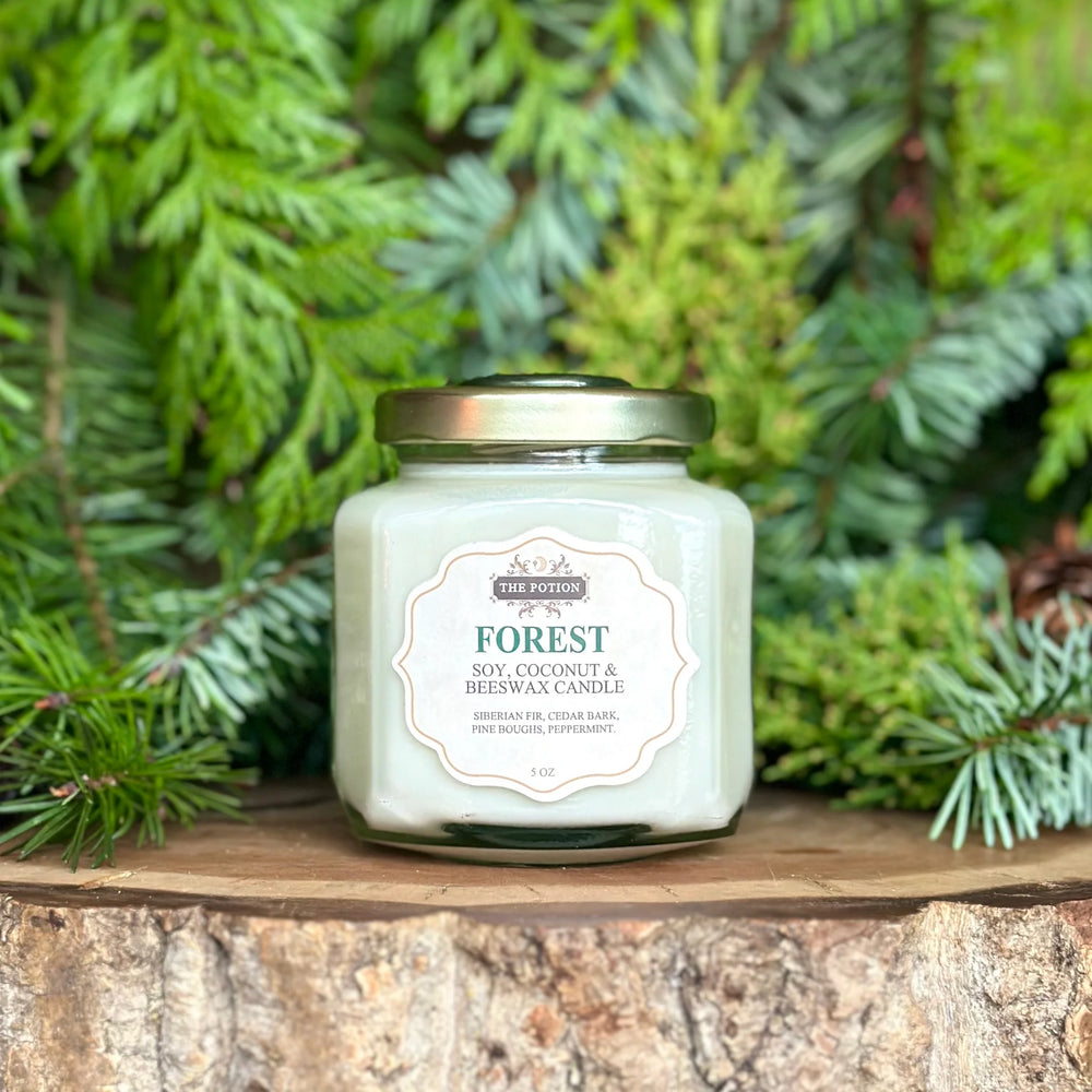 The Potion Cosmetics Forest Candle in clear glass jar on a wooden natural surface and surrounded with pines and a couple of cones
