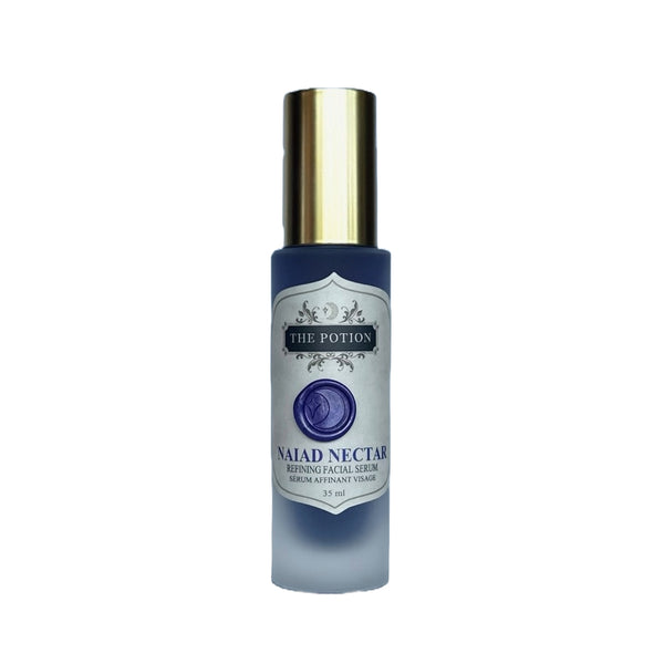 Facial serum bottle labeled 'Naiad Nectar' on a white background