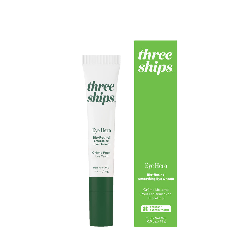 THREE SHIPS Eye Hero Bio-Retinol Eye Cream with ceramic applicator on a white background.