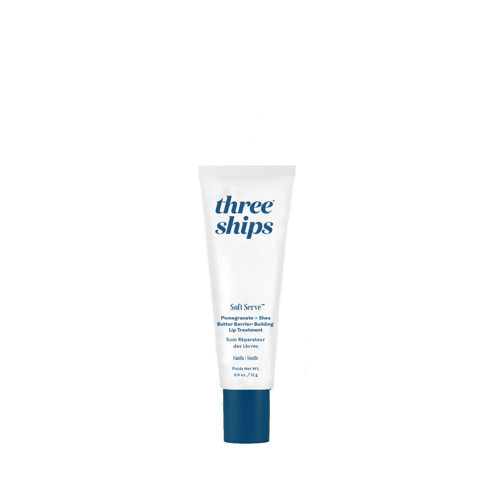 THREE SHIPS SoftServe Pomegranate and Shea Butter Lip Balm in clear tube, hydrating and barrier-supporting balm with natural shine.