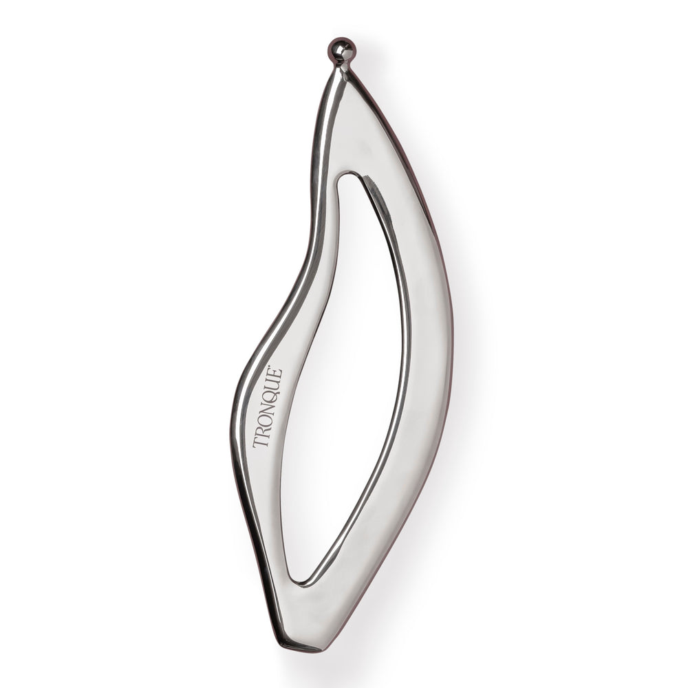 Silver body gua shae with 'Taronque' branding on a white background. TRONQUE Body Gua Sha