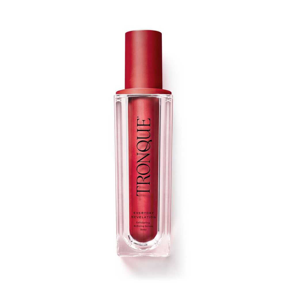 Red serm with 'Tronque' branding on a white background. TRONQUE Exfoliating Refining Serum