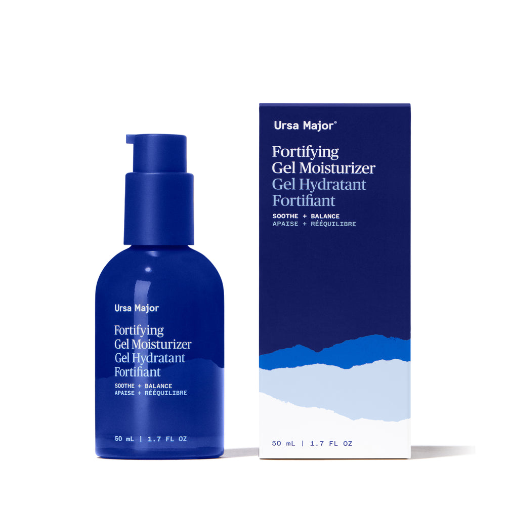 Bottle of Ursa Major Fortifying Gel Moisturizer – a lightweight, serum-textured daily moisturizer designed to hydrate and soothe skin with botanical ingredients.