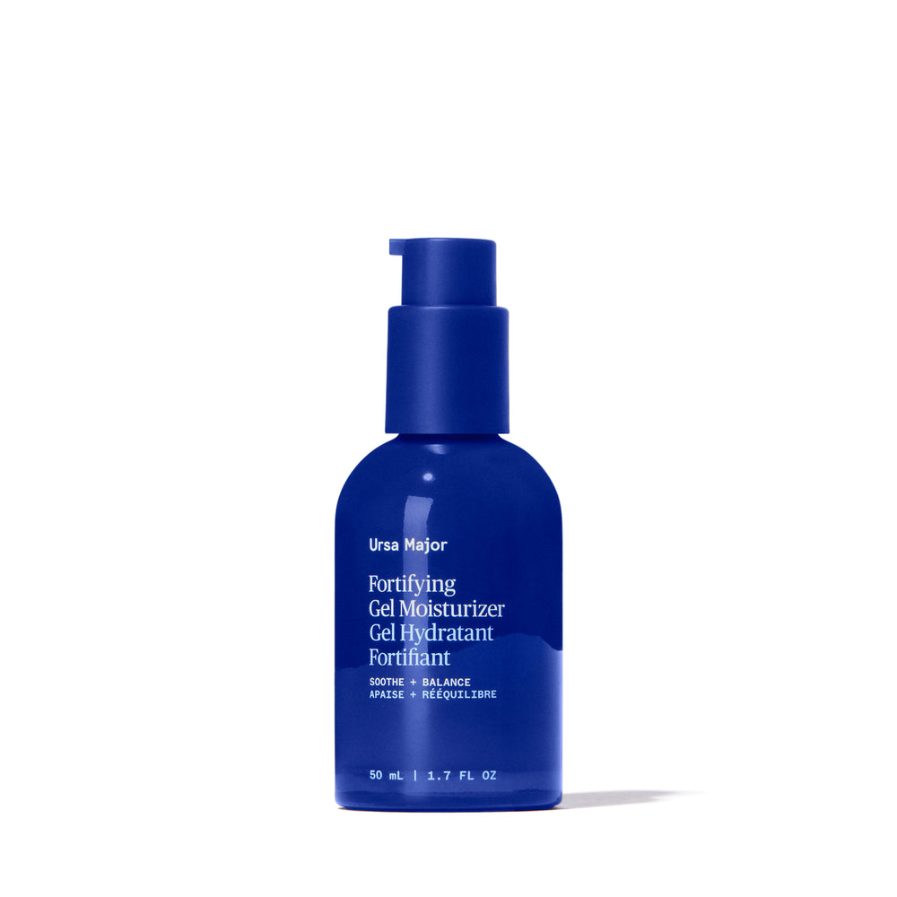 Bottle of Ursa Major Fortifying Gel Moisturizer – a lightweight, serum-textured daily moisturizer designed to hydrate and soothe skin with botanical ingredients.