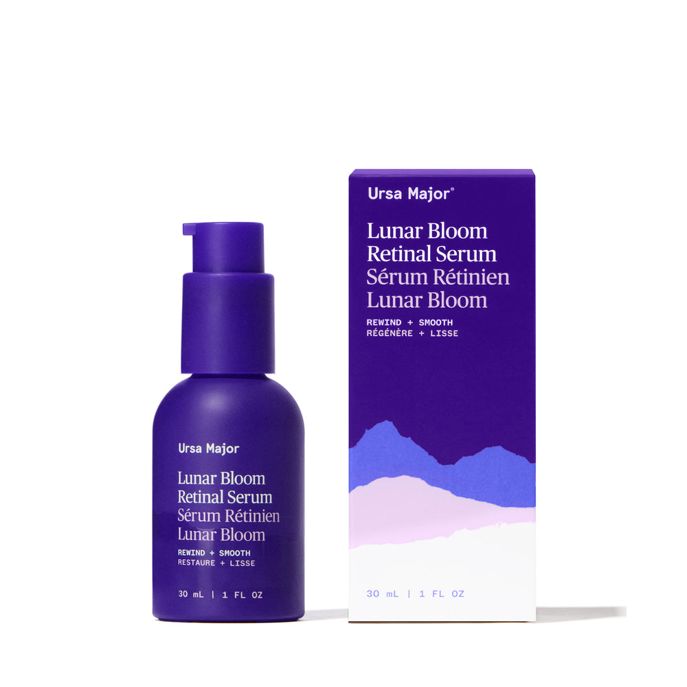 Bottle of URSA MAJOR Lunar Bloom Retinal Serum; lightweight, nighttime serum for smoother-looking skin and refined texture.