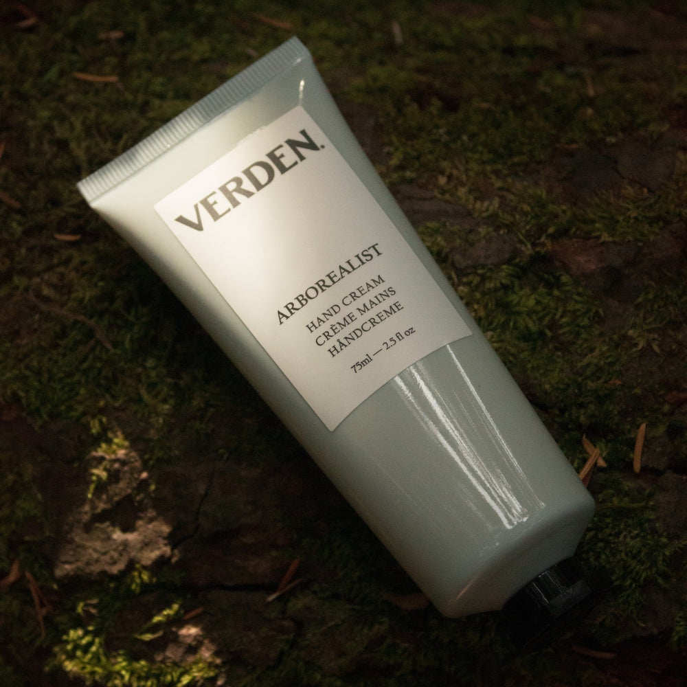 Verden Arborealist Hand Cream in a 75ml squeeze tube, featuring a light gray body, a white label with black text, and a black cap, set against a plain white background.