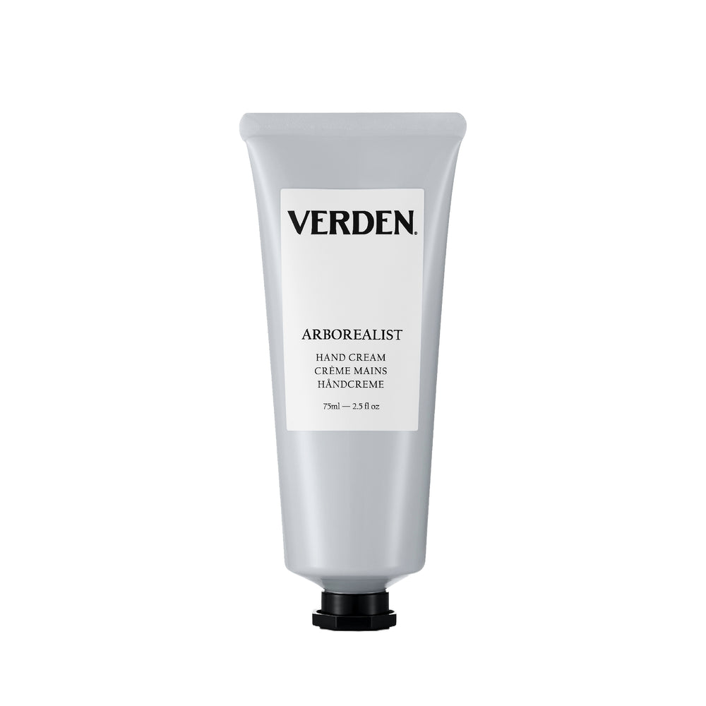 Verden Arborealist Hand Cream in a 75ml squeeze tube, featuring a light gray body, a white label with black text, and a black cap, set against a plain white background.