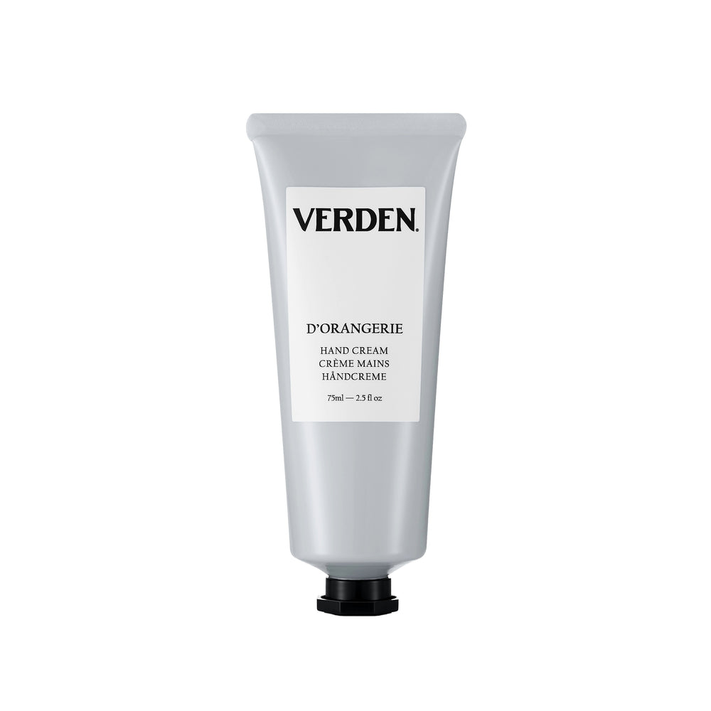 Verden D'Orangerie Hand Cream in a matte silver squeeze tube with a black cap, shown on a plain white background.