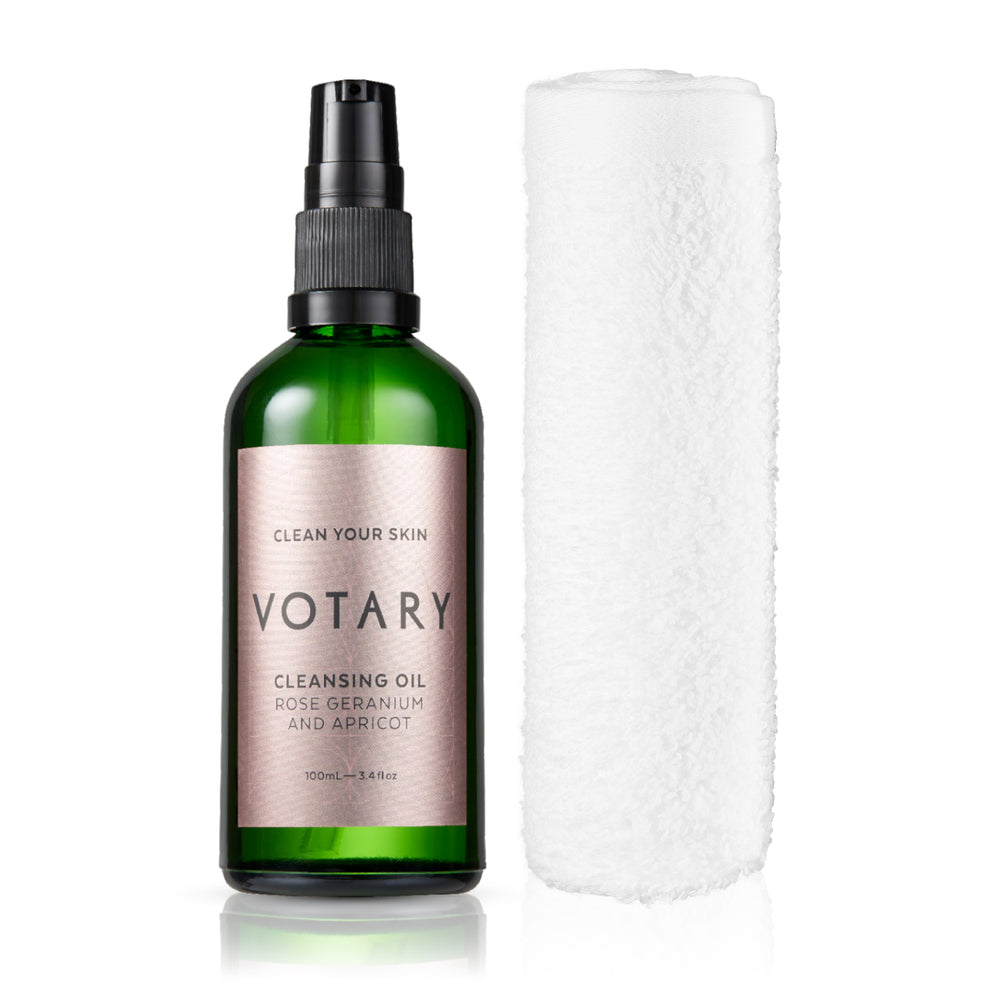 VOTARY Cleansing Oil bottle with rose geranium and apricot, natural skincare, gentle makeup remover with free cotton face cloth.