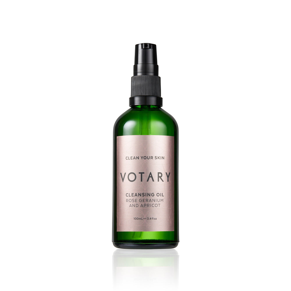 VOTARY Cleansing Oil bottle with rose geranium and apricot, natural skincare, gentle makeup remover with free cotton face cloth.