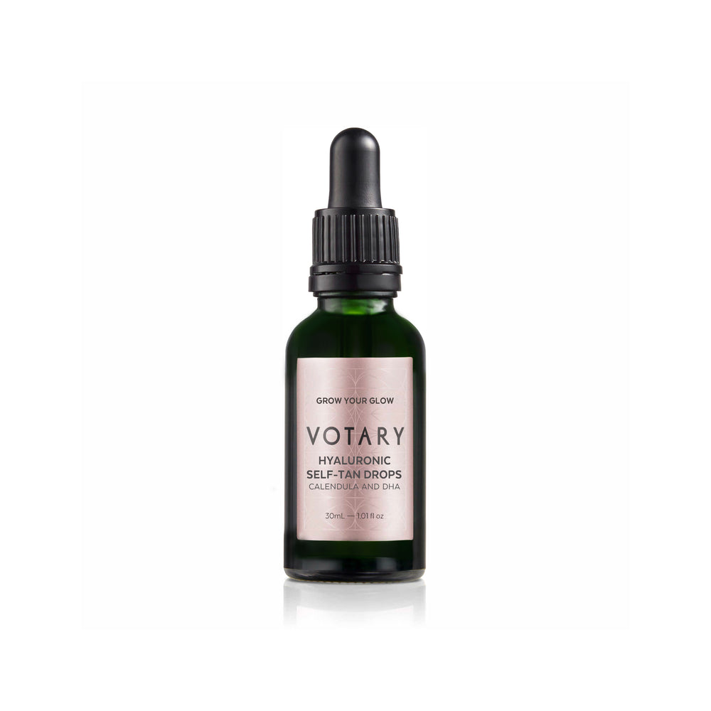 VOTARY Hyaluronic Self-Tan Drops bottle featuring DHA and calendula for a hydrating, natural-looking, streak-free tan.