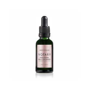 VOTARY Hyaluronic Self-Tan Drops bottle featuring DHA and calendula for a hydrating, natural-looking, streak-free tan.