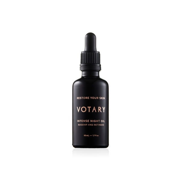 VOTARY Intense Night Oil – a luxurious 50ml facial oil in a glass bottle, formulated with rosehip and retinoid to smooth skin texture and restore radiance overnight.