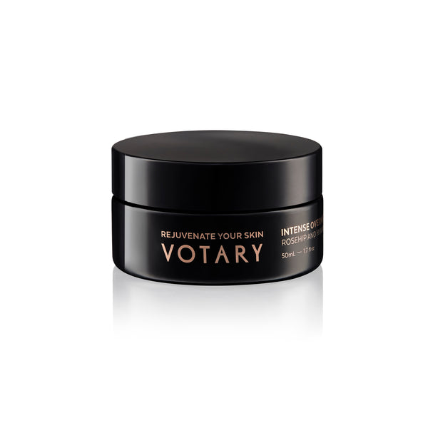 VOTARY Intense Overnight Mask – a luxurious 50ml mask in a glass jar, designed to hydrate, smooth the look of fine lines, and brighten skin with rosehip oil and hyaluronic acid.