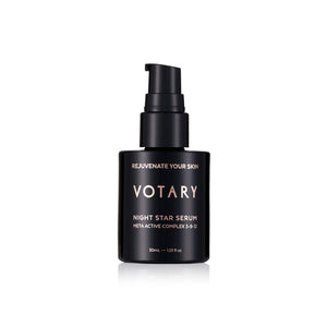 VOTARY Night Star Serum bottle with Meta Active Complex 3-9-12, designed to hydrate, brighten, and smooth the appearance of skin overnight.