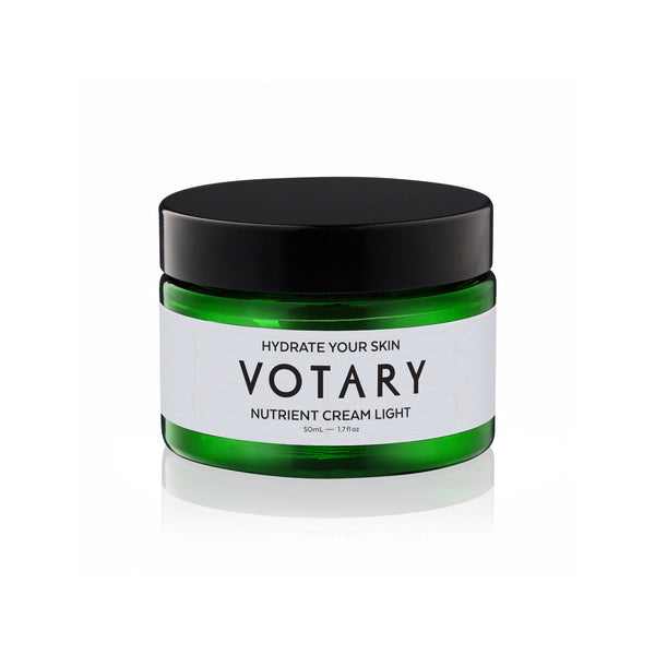 VOTARY Nutrient Cream Light – fragrance-free lightweight moisturiser in a green jar, ideal for sensitive and dehydrated skin.