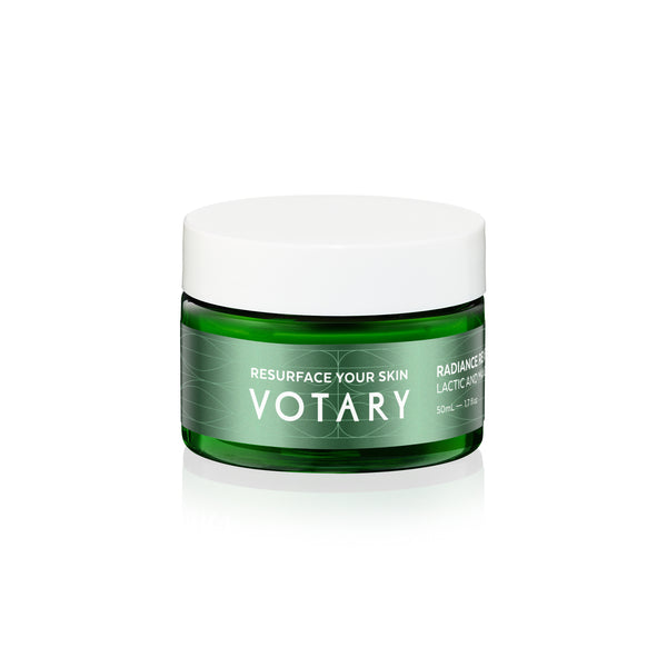 VOTARY Radiance Reveal Mask – a 50ml exfoliating face mask in a sleek glass jar, formulated with lactic and mandelic acids to gently resurface skin for a brighter, smoother complexion.