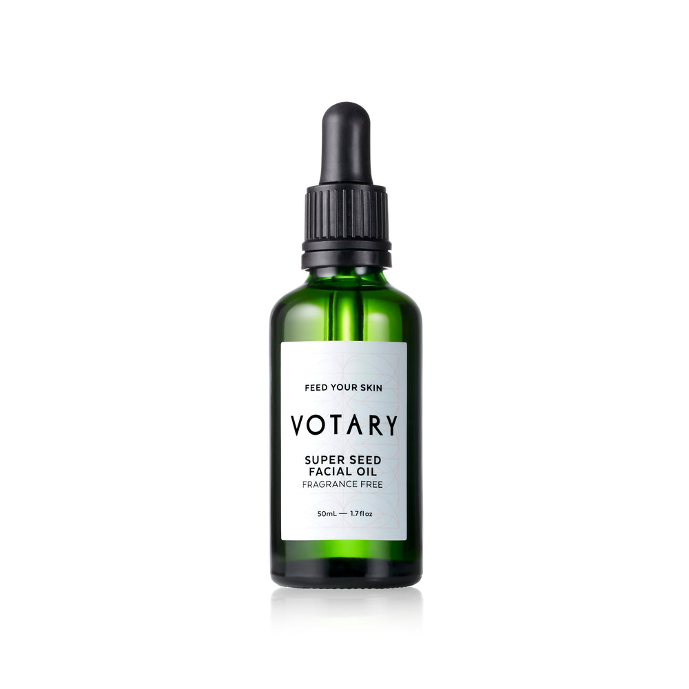 VOTARY Super Seed Facial Oil bottle with a blend of 21 nourishing seed oils for sensitive and radiant skin.