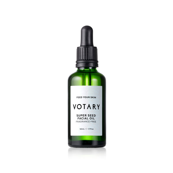 VOTARY Super Seed Facial Oil bottle with a blend of 21 nourishing seed oils for sensitive and radiant skin.