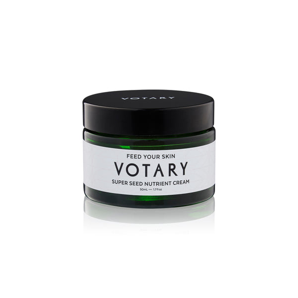 VOTARY Super Seed Nutrient Cream – 50ml jar of fragrance-free moisturizer, designed for sensitive skin with a matte finish, featuring 21 super seed oils and hydrating hyaluronic acid.