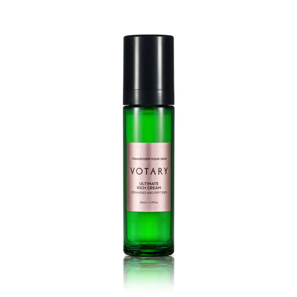 VOTARY Ultimate Rich Cream bottle with ceramides and peptides, nourishing daily moisturizer for soft, hydrated skin.