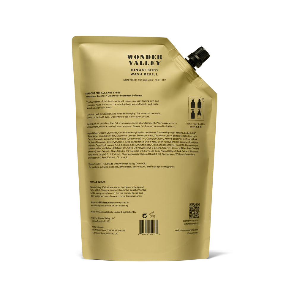 Wonder Valley Hinoki Body Wash Refill - eco-friendly, hydrating shower wash with olive oil and Japanese Hinoki scent. 1L pouch