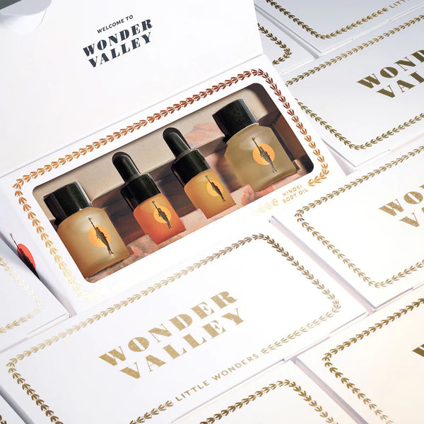 Set of Wonder Valley skincare products in a decorative box