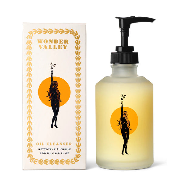 Oil cleanser bottle and packaging with 'Wonder Valley' branding on a white background