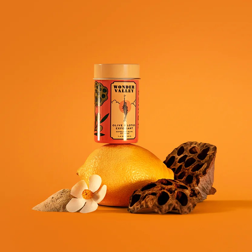 Wonder Valley olive and lotus exfoliant packaging on a white background