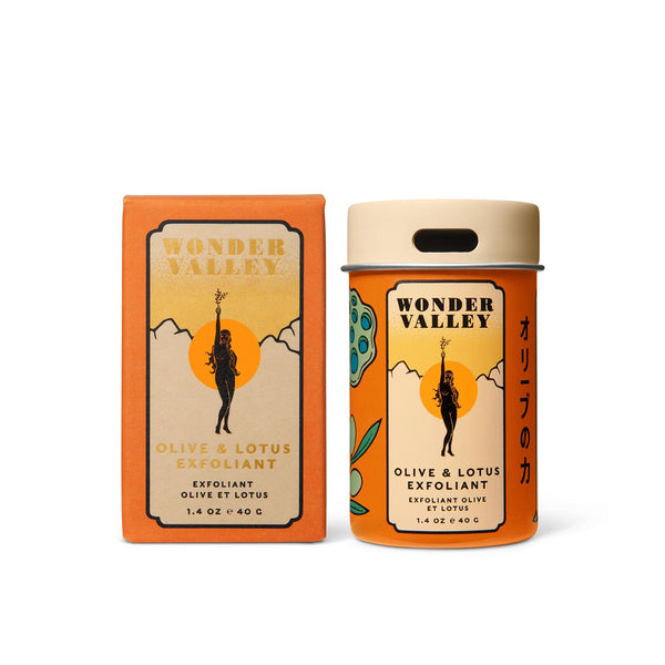 Wonder Valley olive and lotus exfoliant packaging on a white background