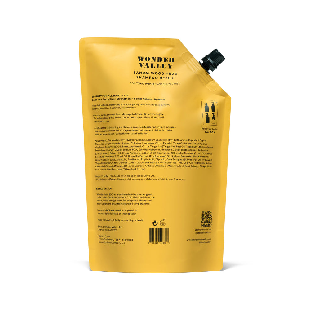 Wonder Valley Sandalwood Yuzu Shampoo Refill – Eco-friendly refill pouch with hydrating, purifying shampoo for all hair types.