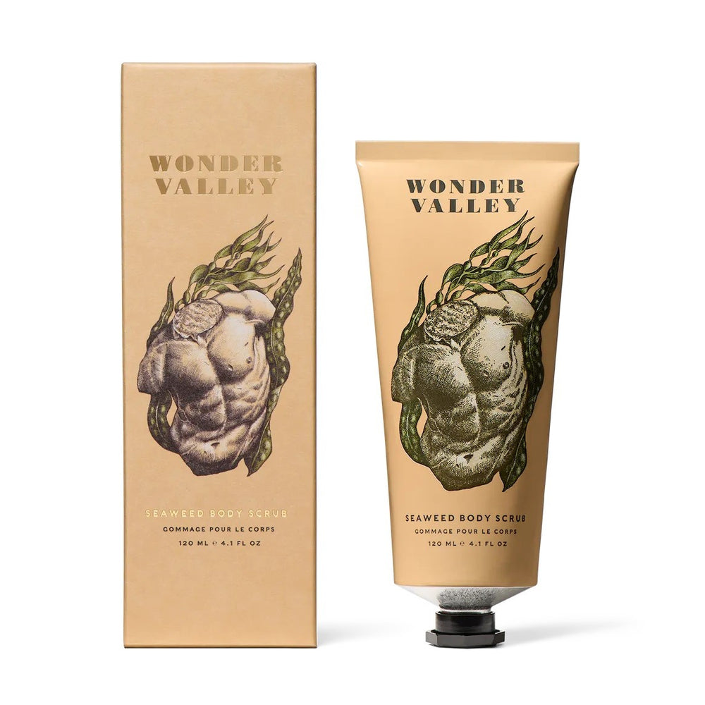 Wonder Valley seaweed body scrub with packaging on a white background