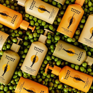 Wonder Valley hair care products on a bed of green olives