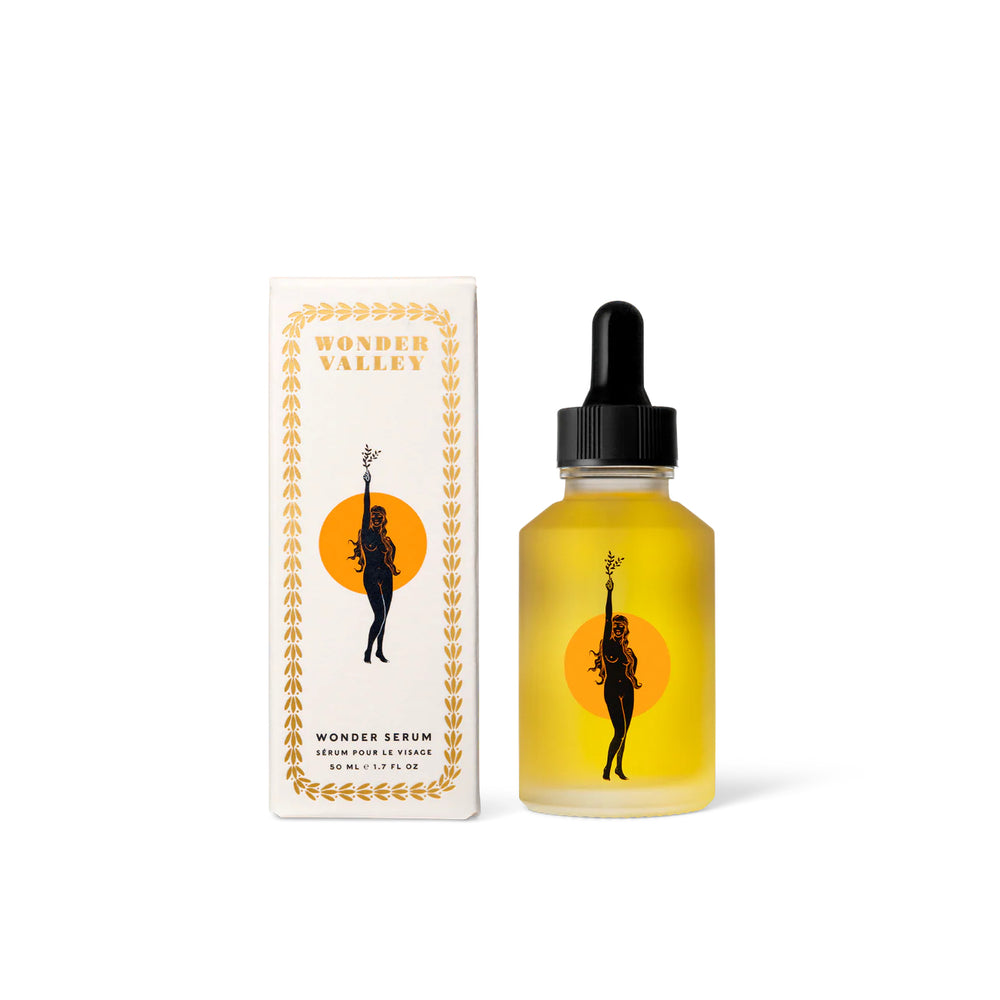 Bottle and box of Wonder Valley serum on a white background
