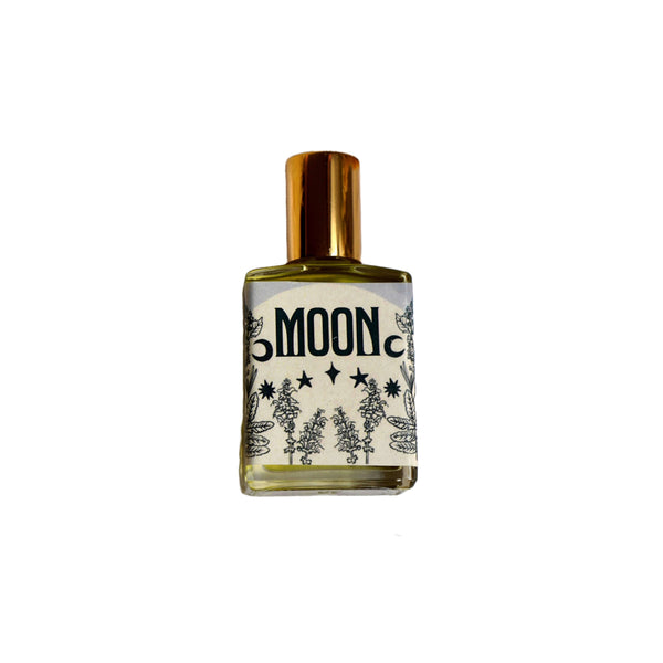 Wonderlust Botanicals Moon Perfume Oil – A calming blend of frankincense, patchouli, lavender, and clary sage essential oils in a 0.5 oz roll-on bottle.