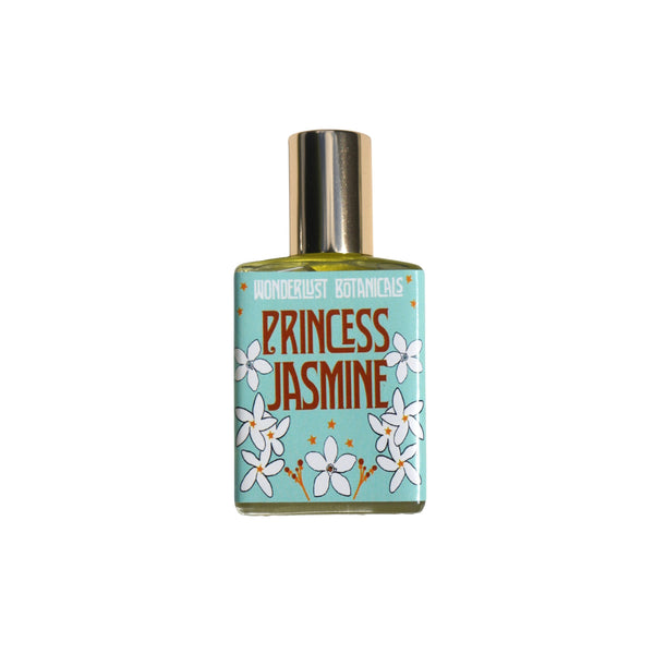 WONDERLUST BOTANICALS Princess Jasmine roll-on perfume in a 0.5 oz glass bottle, infused with pure jasmine essential oil for a warm, uplifting floral aroma.